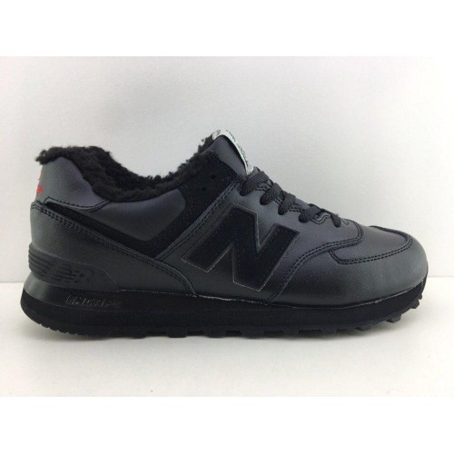 New Balance 574 Черные полностью кожа (Зимние с мехом)