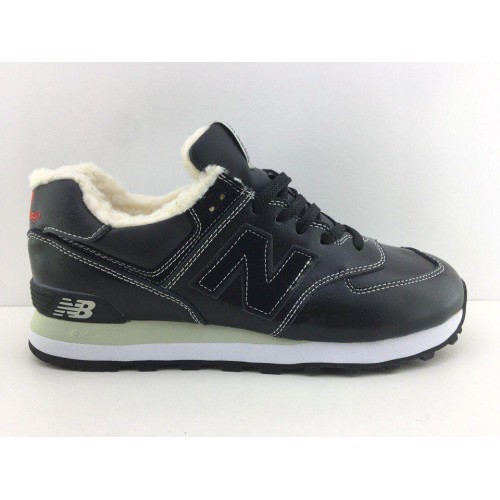 New Balance 574 Черные кожа (Зимние с мехом)